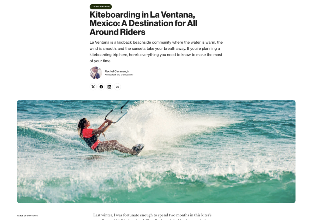 A woman is shown kitesurfing in La Ventana, Baja in an article on the 57 Hours website.